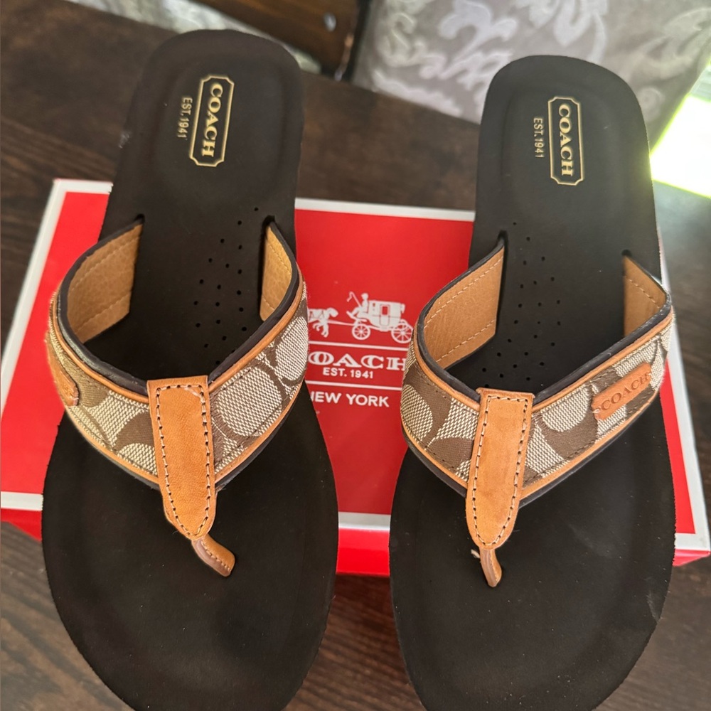 Coach Black Platform Wedge Flip Sandals with Tan Signature Straps - Picture 9 of 10